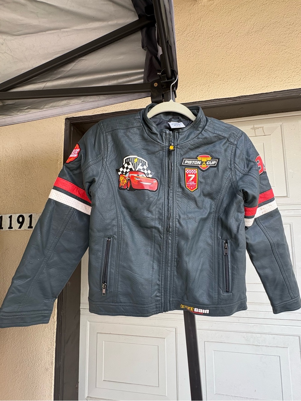 Disney Kids Grey Faux-Leather Racing Jacket with Red and White Stripes